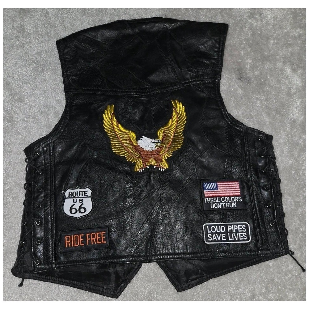 Diamond Plate Leather Vest Mens Medium Black Biker‎ Patchwork #Motorcycle - Picture 5 of 10